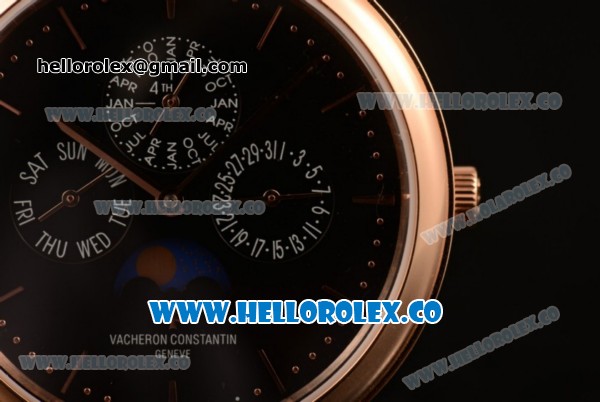 Vacheron Constantin Patrimony Perpetual Calendar Clone Original Automatic Rose Gold Case with Black Dial and Black Leather Strap - (AAAF) - Click Image to Close